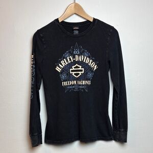 Harley Davidson Women's Long Sleeve Black Cotton Shirt XS Graphic Motorcycle